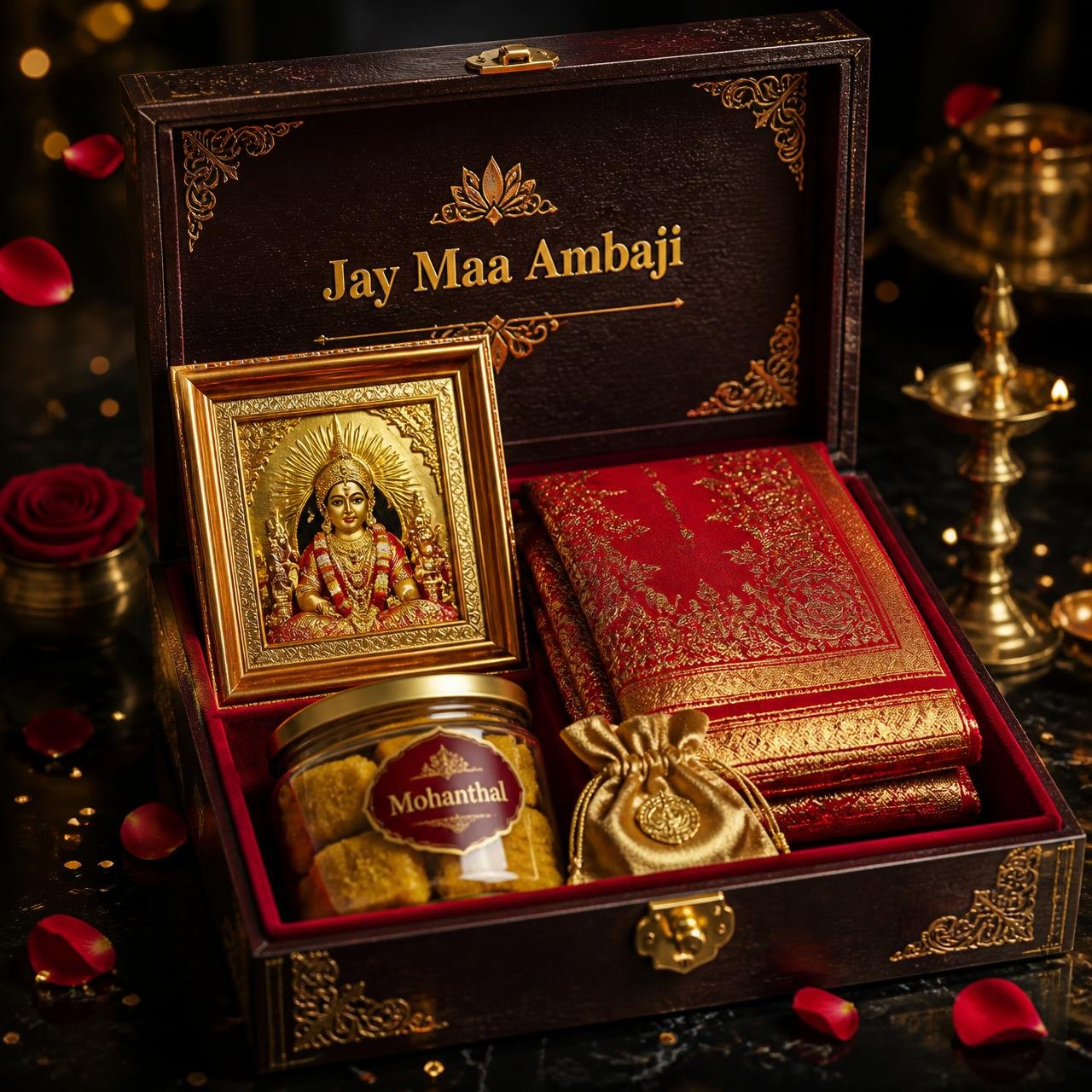 Open ornate Maa Ambaji PrasadBox with framed photo, chundadi, mohanthal jar and chikki