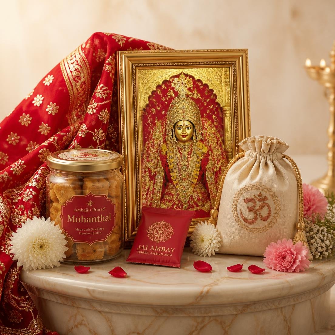 PrasadBox contents: Ambe Maa photo frame, chundadi, mohanthal, chikki and kanku